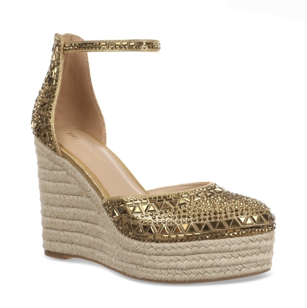 Gold Embellished Espadrille Wedge Sandal with Ankle Strap
